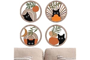 Katt Badrum Väggkonst, 4x Måne Sun Wood Signs, Aesthetic Geometrisk, 9,84 x 9,84 tum, Farmhouse Inspirerade hängande paneler, Pieces for Bedroom, Living Room, Home Accent
