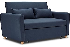 Bravich Pull Out Two Seater Double Sofa Bed - Blue. Modern Contemporary Space Saving Folding Bed, Easy Fold Living Room Furniture To Full Size Double Bed. Fabric Couch With Thick Foam Cushions.