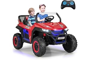 GYMAX Kids Electric UTV, 2-Seater 12V Battery Powered Toy Car with Remote Control, Lights, Bluetooth, MP3, USB, FM, High/Low Speed & Suspension Spring, Children Ride on Car for 3-8 Years Old (Red)