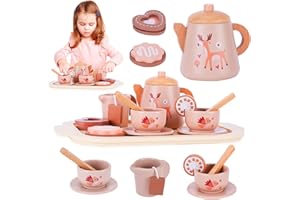 FARNIRVANA 15 Pcs Service à thé Enfant, Services à Thé en Bois, Tea Party Jeux de Rôle, Service à Thé Jouets Montessori, Accessoires de Cuisine pour Enfants, Jeux de Cuisine pour Enfants Filles Garçons 3 4 5+Ans