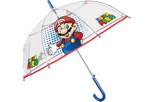 PERLETTI Paraguas Transparente Super Mario Niños - Mini Paraguas Cupula Supermario Bros Apertura Automática Niño 4 5 6 Años - Sombrilla Lluvia Antiviento Resistente Azul Borde Rojo - Diámetro 74 cm