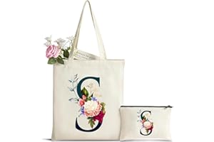 HAMATATA Cadeau Femme Sac Fourre-Tout avec Initiale Fleur, Personnalisés Sac en Toile en Coton Trousse de Maquillage, Cadeaux de Mariée, Cadeau Parfait pour Amie, Mères pour Anniversaire Mariage Voyage Noël