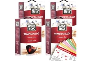 ‎VINOX Wine Box Tempranillo, trocken, Bag-in-Box, sortenreines Weinpaket + VINOX Winecards (4x3,0l)