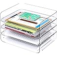 Tomorotec Desk Letter Tray Set 4-Pack, A4 Size Clear PET Stackable Document Organizer Office Desktop File Paper Holder Book Storage Rack Side Load Anti-Skid Stacking Support Convex Bottom Grooved Snap
