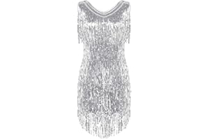 JEATHA Women Sparkly Sequins Tassel Ballroom Gown 1920s Flapper Fringed Cocktail Dress Dance Costume