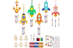 Kaluofan Windspiel Bastelset Kinder,12 STK Raketen Windspiel Basteln,DIY Kindergeburtstag Basteln Holz zum Bemalen,Weltraum Bastelset Kindergeburtstag für Jungen Mädchen Outdoor Party Deko