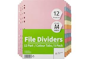 File Dividers A4, 12 Part Folder Dividers for Ring Binders & Lever Arch Files (5 Pack) Binder and Subject Dividers with Writeable Coloured Index Tabs - The Paper Shop