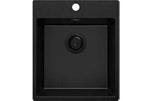 PRIMAGRAN Evier Cuisine en Granit Tout Noir 43x50cm, Lavabo 1 bac + Kit de Vidage, Évier à Encastrer al mueble 45cm - Riga S131