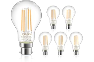 Unicozin LED B22 Bayonet Cap Light Bulbs, 6W 800LM, 60W Incandescent Replacement, Warm White 2700K, Clear Filament Edison Bulb, Non-Dimmable, Pack of 5
