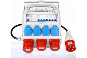 Warmfay Wandverteiler Vorverkabelt Stromverteiler, 4x 230V Schuko Steckdosen + 2x CEE 16A + 1x CEE 32A, Baustromverteiler mit FI-Schalter und LS Schalter, IP67 Wasserdicht Gehäuse für Innen und Außen