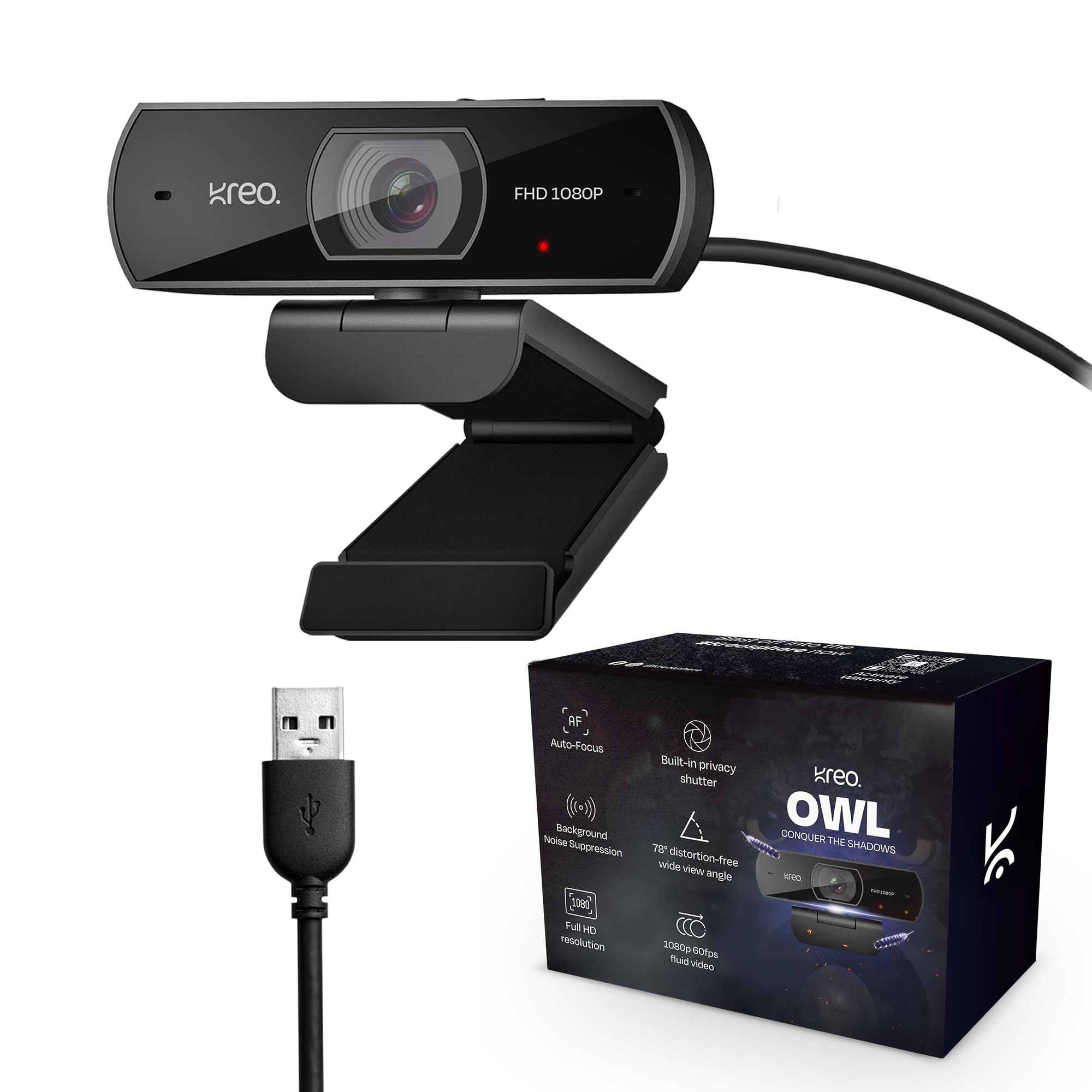 Kreo Owl Full HD 1080P 60 FPS Webcam with Auto-Focus and Built-in Dual Digital Mic, Plug and Play Setup for Video Call, Strea