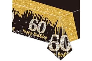 POPOYU 137x274cm Tischdecken 60. Geburtstag,Schwarz Gold 60. Geburtstagsfeier Tischdecke,Happy 60th Birthday Tischdecke Abwischbar Kunststoff Rechteckige Tischdecke für Mann Frauen Geburtstag Party Dekor