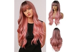 Esmee 24"Women Synthetic Wigs Natural Long Wavy Ombre Pink with Dark Roots＆Fluffy Air Bangs Light Cosplay Party Wigs