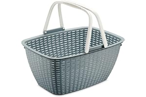 com-four® Cesta de Compras con Asa - Cesta de Plástico Ligera - Caja para Transportar Compras - Canasta de Plástico Resistente con Aspecto Tejido (01 Pieza - Azul-Gris)