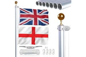 NQ 20FT (6M) Flag Poles for Garden, Sectional Heavy Duty Aluminum Flag Pole Kit with UK Flag, Flag Pole Topper, Flagpole Rope, Outdoor in Ground Flag Pole for Yard Residential, Commercial Use (Silver)