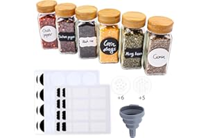 FDGAUCA Set Spezie da Cucina 6 x 120 ml, Contenitori Spezie, Barattoli Portaspezie con Copertura in bambù, Spezie Cucina Barattoli Vetro mit Imbuto, Etichetta e Gessetto