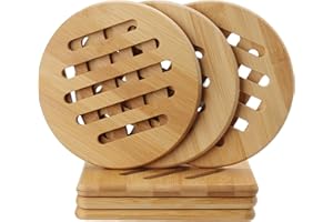 ZOENHOU Lot de 6 dessous de plat en bambou de 14,8 cm - Résistants à la chaleur - Carrés et ronds - Pour casseroles, poêles, vaisselle et couverts - Bambou - Couleur bois