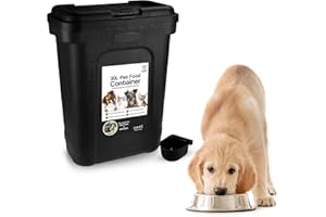 ASAB Pet Food Storage Container Large 30L/15kg Plastic Food Storage Container With Integrated Food Scoop and Flip Top Locking System Perfect for Dog Treats Dog Food and Kitten Food (Black - Large)