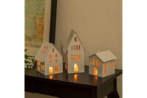 Romadedi Farolillo de metal para decoración navideña: casa con velas LED, portavelas, farolillo blanco, para decoración de salón, Navidad, casa de té, casa, decoración de ventana, juego de 3