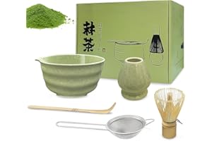 NBBENG Matcha Set Whisk and Bowl Kit, Matcha Tea Set Gift Includes Ceramic Bowl with Pouring Spout, Bamboo Spoon, Sifter, Bamboo Whisk and Broom Holder, for Beginners and Enthusiasts