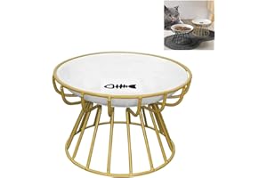 EHOTER Plato elevado para gatos, antivómitos, apto para bigotes, cuenco elevado de cerámica para gatos con soporte de metal, plato de cerámica poco profundo antivómitos para gatos y perros pequeños