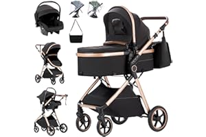 Zkiprm Poussette 3 en 1 avec Siège, Poussette Combinée Portable Pliant en Un Clic, Réversible, Inclinable，Moustiquaires, Housses de Pluie, Porte-gobelets, Sacs, Tapis frais, 0 à 3 Ans(15.5kg)