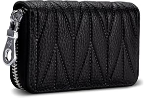 Meowoo Etui na karty kredytowe, blokowanie RFID, prawdziwa skóra, mini portfel na karty kredytowe, portfel z zamkiem błyskawicznym, dla kobiet i mężczyzn, Wino W, Klasyczny