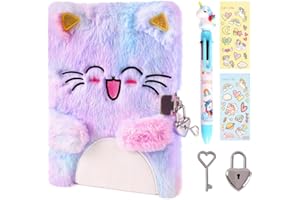 PRINBARBEE Cat Diary for Girls with Lock and Keys,Fluffy Secret Notebook for Writing and Drawing,Plush Journal for Girls with 160 Lined Pages Multicolored Pen Stickers,Birthday Gift for Kids Ages 4-12