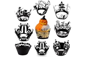 Howaf 9 Style Halloween Cupcake Wrappers Décoration, 36pcs Caissettes de Cupcakes Muffins pour Halloween Accessoires, Chauve Souris Fantôme Toile D'araignée Sorcières Château Citrouille