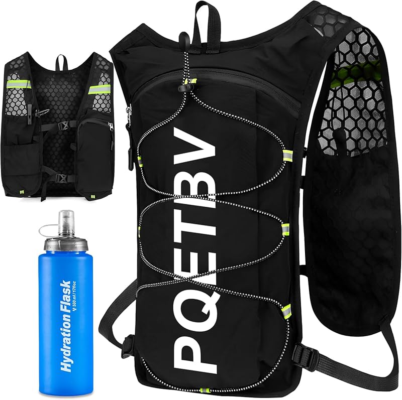 PQETBV Zaino Idratazione, Zaino Idratazione Trail Running con Borraccie Morbide 500ml, Gilet Riflettente Running per Corsa Ciclismo Maratona Trekking Trail Uomo Donna