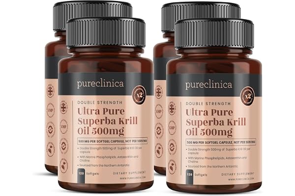 Huile de Krill Ultra Pure 500mg x 480 gélules (4 bouteilles) - provenant des eaux non polluées de l'Antarctique et riche en Astaxanthine et Oméga-3.