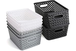 Bekith 9 Stück Aufbewahrungskiste Kunststoffkörbe Plastik Haushaltskorb Körbchen Geflochten Aufbewahrungskorb für Bad Küche Kinderzimmer 25 x 19,5 x 10 cm (Schwarz/ Grau/ Weiß)