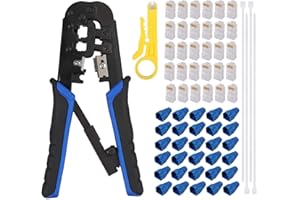 EYPINS Herramienta de Crimpado Crimpadora y Pelacables RJ45 con Enchufes de Datos Modulares RJ45 Cat5, 30 Conectores, 30 protectores de cabezal RJ45, 100 Bridas de Nailon