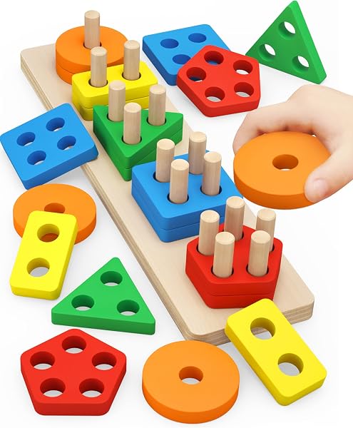 PEBIRA Montessori for 1 to 3-Year-Old Boys Girls Toddlers, Wooden Sorting & Stacking Toys for Toddlers and Kids Preschoo