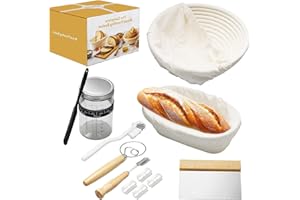 FLEARITZO Cesta de Fermentación de Pan 8 Piezas Incluye 2 Banetones para Pan Raspador de Masa Cuchilla de Panadero Bote de Fermentación Batidor Danés Cepillo y medidor de crecimiento para hacer pan y masa madre