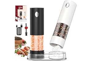 CIRCLE JOY Set Macina Sale e Pepe Elettrici Set di 2 Pezzi per Macinaspezie Ricaricabile con Base, Contenitore Trasparente Lavabile da 95ml, Luce LED Bianca e Grossolanità Regolabile, Bianco Nero