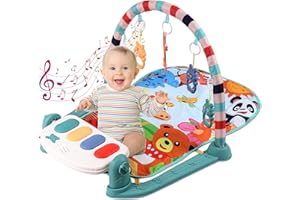 DJEDJEO Tapis d'éveil Bébé, Tapis d'éveil et de jeux pour Nouveau-né avec Musique, Tapis de Jeu épaissi bébé Fitness Piano, Arches de Jeu et 5 Jouets Suspendus Amovibles, 0 à 24 Mois