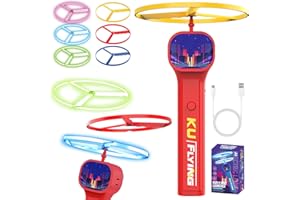 LUKIUP Elektrisch Flying disc Launcher, 3 Normale Und 3 Fluoreszierende Discs Fliegende Untertasse Launcher, Propeller Spielzeug Kinder ab 4 5 6 7 8, Outdoor Gartenspielzeug FüR Kinder (Rot)