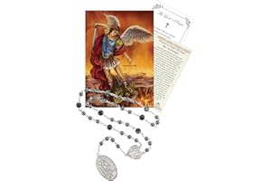 Trendzeen St Michael Chaplet Rosary with St Michael The Archangel Prayer Card, Lord's Prayer Card | Black Beads Antique Style Rosary Beads Catholic for Women and Men | 3 Items Set