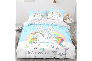 Xisnuient Funda Nórdica con Temática de Unicornio 2/3 Piezas Juego de Sábanas Comfort para Niños Pegaso Arcoiris Niña Unicornio Mágico Ropa de Cama Funda de Edredón (Color 3,Cama 90 cm,150x200 cm)