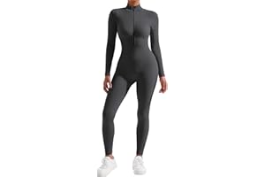 OMKAGI Women Ribbed Knit Long Sleeve One Piece Jumpsuit Sexy Zip Up Front Yoga Romper Seamless Workout Ladies Outfit