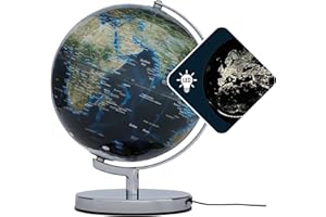 Globe terrestre de 25 cm de diamètre - TERRA LIGHT - Éclairage intégré avec métropoles lumineuses - Carte topographique - Base en métal chromé - Bleu foncé - Vert - TROIKA original