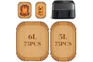 BUCOMTU 150 Pcs Papier Cuisson Air Fryer pour Philips Dual Basket Airfryer Série 3000 6L/3L NA350, pour Moulinex 5.2/3.1L, Papier Air Fryer pour grandes et petites friteuses à double tiroir