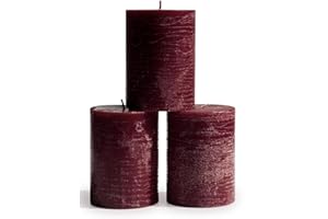 CANDWAX 7.6x10.2 cm Pillar Candles Set of 3 - Decorative Rustic Dinner Candles - Ideal for Weddings or Home Interior - Burgundy