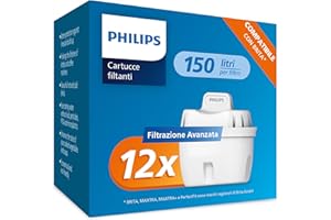 Philips Water Cartucce filtranti sostitutive Filtrazione Avanzata, 12 unità, compatibili con Brita, riducono MICROPLASTICA, CLORO, CALCARE, METALLI PESANTI