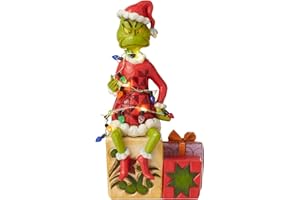 Enesco Jim Shore Dr. Seuss The Grinch seduto sui regali illuminati statuetta, 19 cm, multicolore, rosso