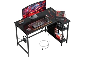 DOMSHOCT L Shaped Gaming Desk with Power Outlets, 100x70cm Small Corner Computer Table with Large Reversible Storage Shelves, Home Office PC Workstation with Hooks for Writing Study, Black