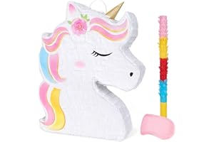 WERNNSAI Einhorn Pinata - Geburtstag Piñata Mädchen Kindergeburtstag Deko Einhorn Piñata mit Augenbinde Schlagstock Rosa Regenbogen Geburtstagsparty Dekorationen Partspiel Zubehör (40 x 31 x 8 cm)