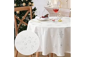 Alishomtll Christmas Tablecloth Table Cover Waterproof Table Cloth Round Wipe Clean, Silver Snowflake Xmas Washable Tablecloth for Holiday Dinner Kitchen Party New Year, Diameter 57in/146cm
