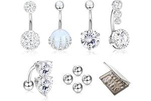 Adramata 5 Piezas 14G Piercing Ombligo Acero Inoxidable para Mujeres, 10mm Anillos de Ombligo, CZ Piercing Ombligo con 4 Bolas de Repuesto